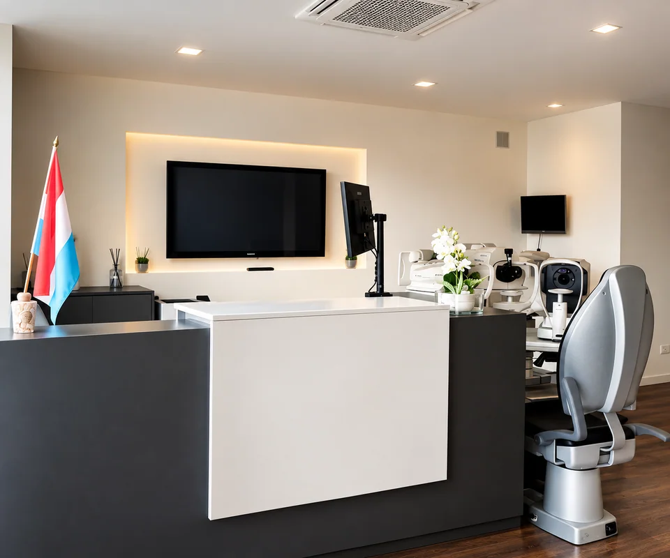 Espace de consultation avec bureau, fauteuil gris et drapeau luxembourgeois