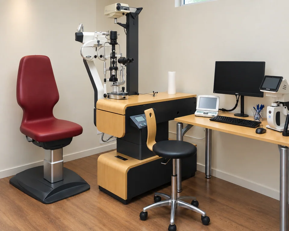 Salle d’examen ophtalmologique avec fauteuil rouge et bureau