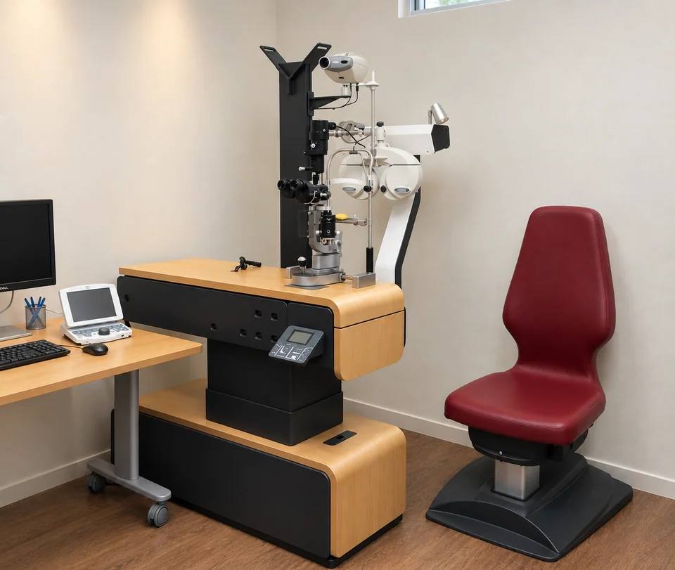 Autre angle de la salle d’examen avec fauteuil rouge et instruments