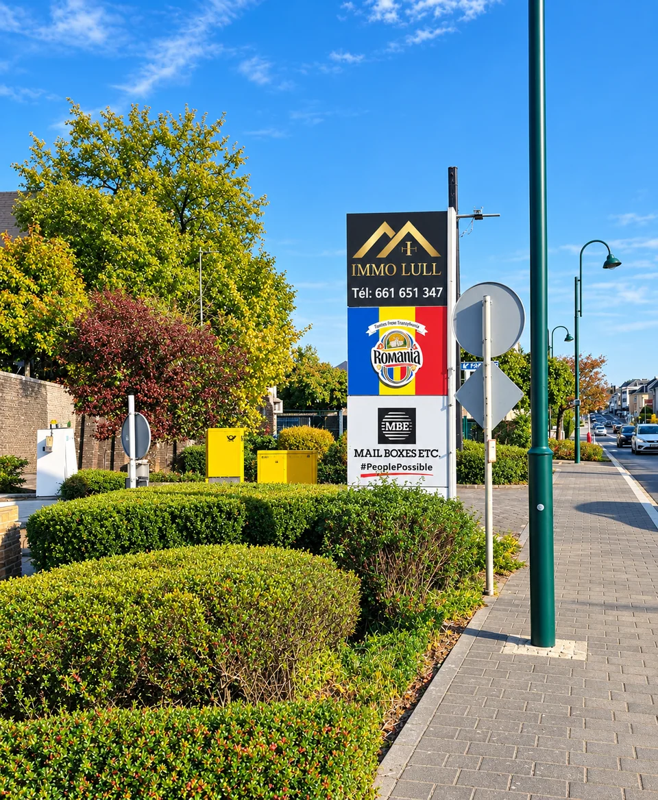 Vue de la rue avec un panneau indiquant plusieurs commerces et le trottoir à Mamer